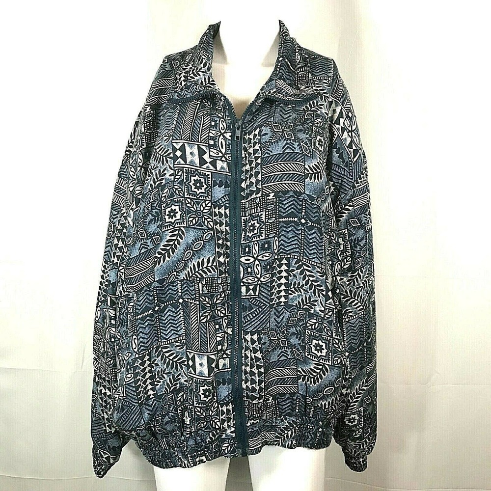 Bogari Jacket Womens Sz XL Navy‎ Blue Polynesian Print Silk Zip Up Loose Bomber